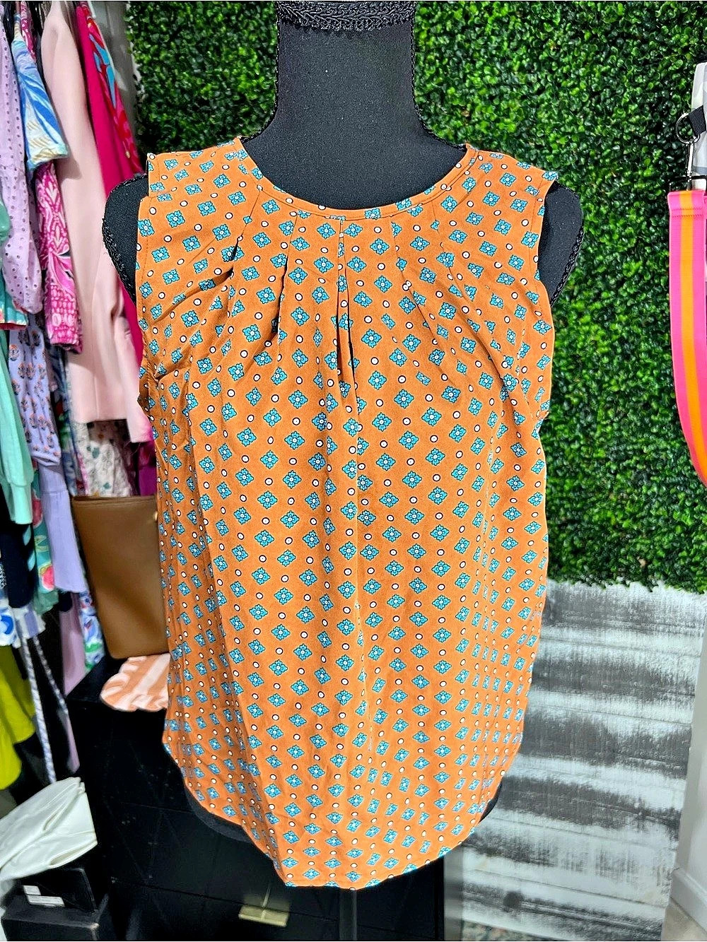 Geometric Pleated Blouse in Orange & Blue Like New